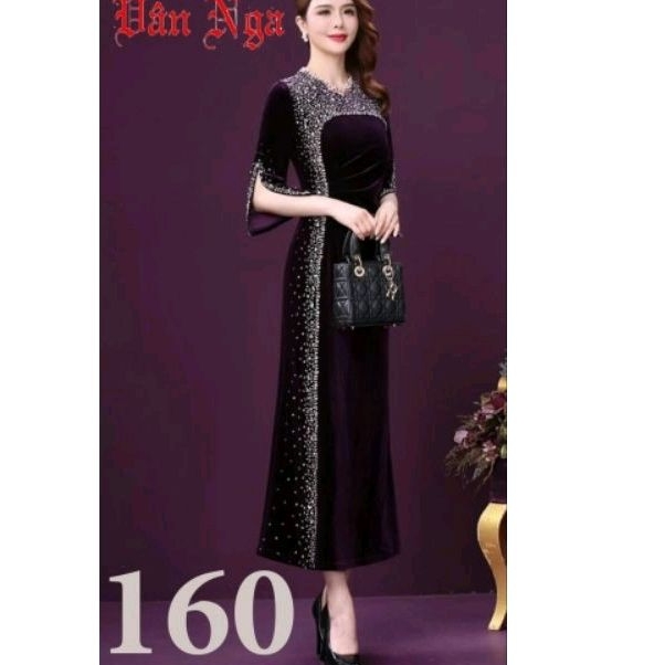 Đầm dự tiệc trung niên dạ hội sang trọng cho mẹ vải nhung ép đá cao cấp, Đầm dạ hội trung niên dự tiệc đuôi cá vải nhung