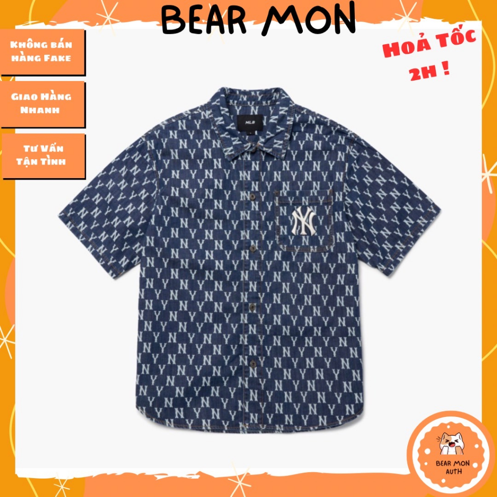 Áo Sơ Mi MLB Classic Monogram Denim Short Sleeve Shirt New York Yankees 3Adrmn123-50Bls Màu Xanh Đậm