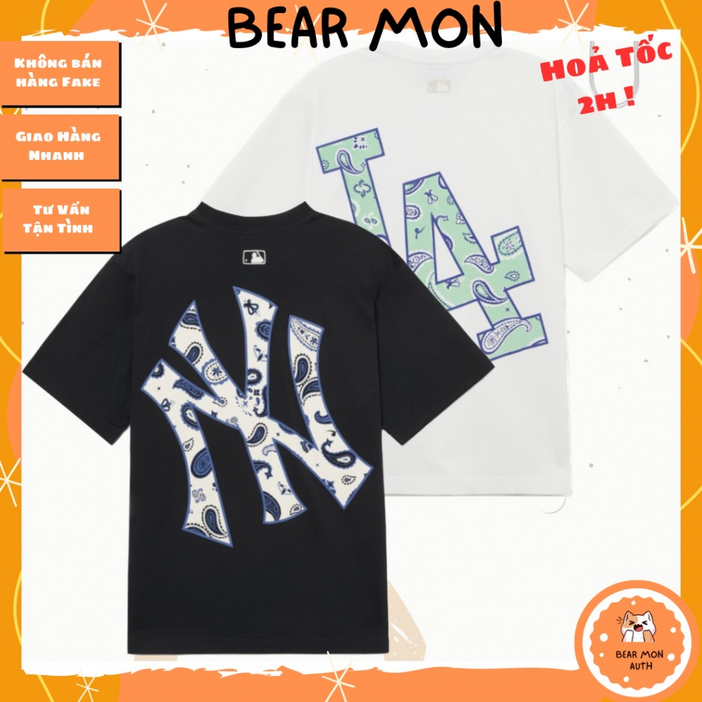Áo Phông Nam Nữ MLB Paisley Clipped Logo Short Sleeve T-Shirt New York Yankees 3Atsi0333 Màu Trắng Và Đen