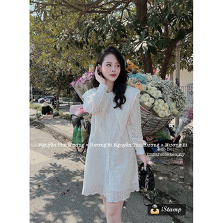 Váy sơ mi hoạ tiết đục lỗ cổ bèo mềm mại