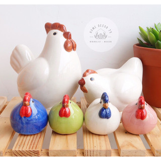 Set gà trống mái tượng gốm sứ cao cấp xuất khẩu-kèm 4 gà con đủ màu-tượng trang trí nhà cửa
