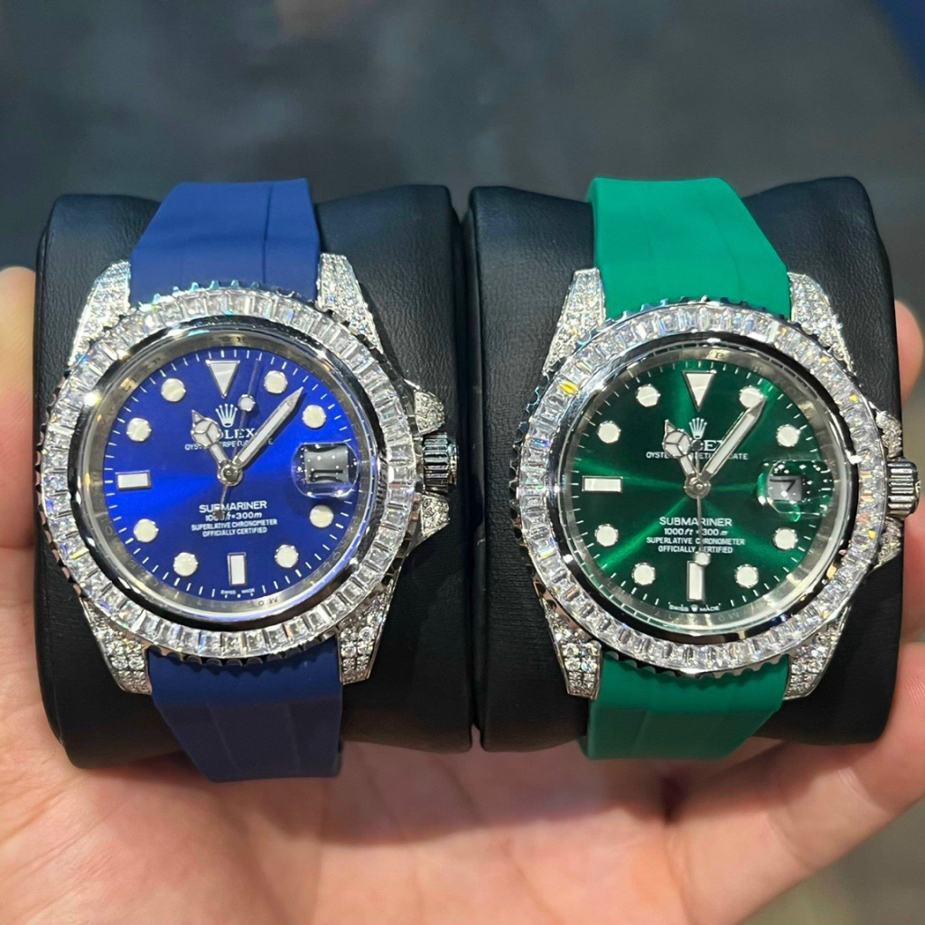 Đồng hồ Nam Rolex dây cao su vành đá tai đá trắng mặt đen máy nhật dòng cơ Automatic size 40mm