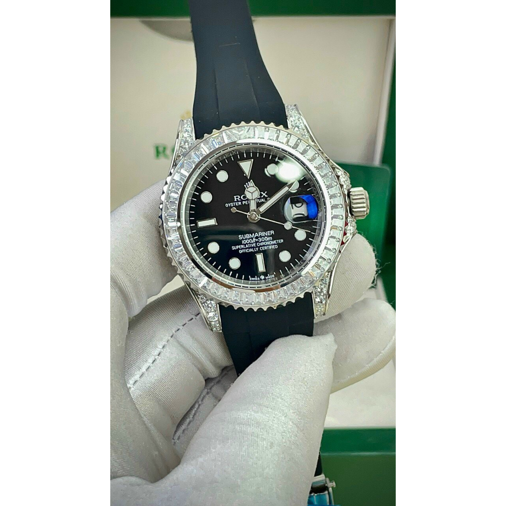 Đồng hồ Nam Rolex dây cao su vành đá tai đá trắng mặt đen máy nhật dòng cơ Automatic size 40mm