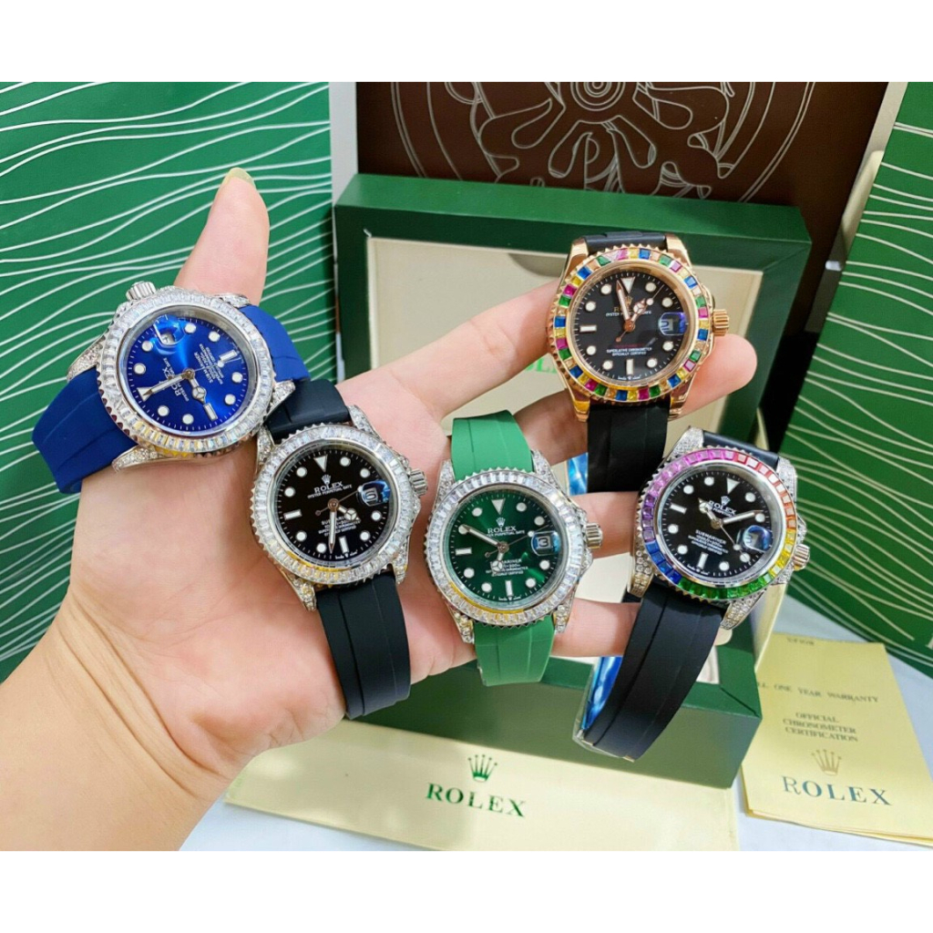 Đồng hồ Nam Rolex dây cao su vành đá tai đá trắng mặt đen máy nhật dòng cơ Automatic size 40mm