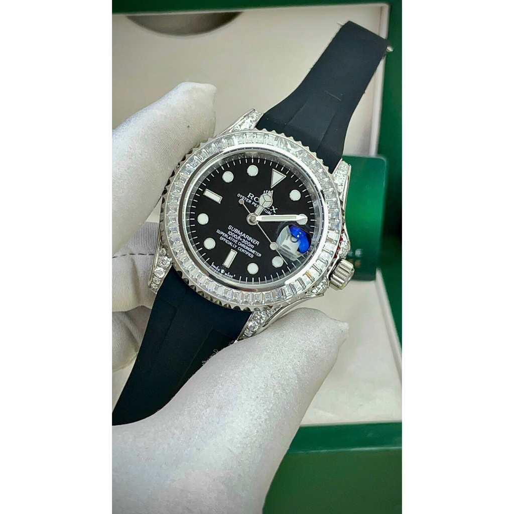 Đồng hồ Nam Rolex dây cao su vành đá tai đá trắng mặt đen máy nhật dòng cơ Automatic size 40mm