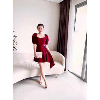 Đầm Nữ Thiết Kế Sarah Tà Xéo Cổ Vuông Mút Ngực, Chất Liệu Kaki Thun Không Nhăn ( tặng kèm quần thun mặc váy)