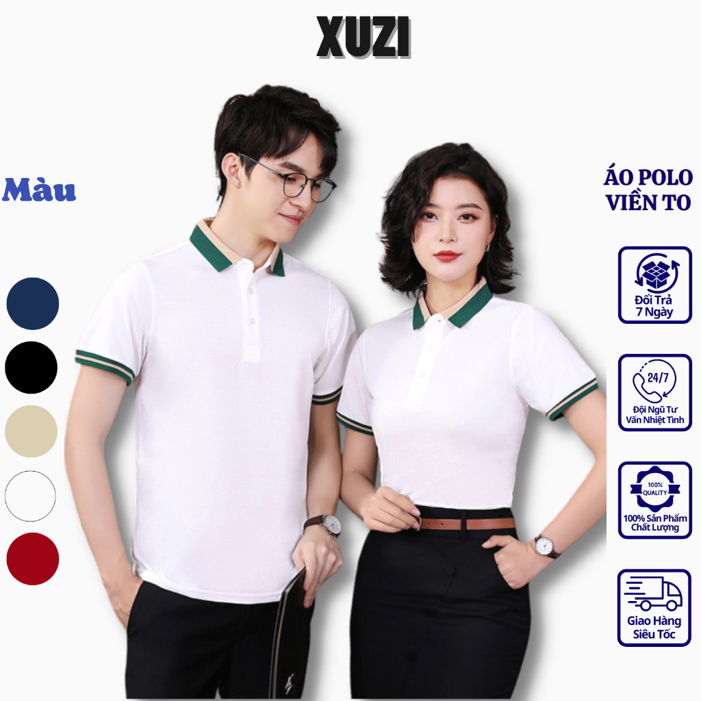 Áo thun polo nam nữ phối viền xanh , áo công sở có cổ bẻ chất vải cotton cá xấu mẫu mới 2023 thời trang thanh lịch XUZI.