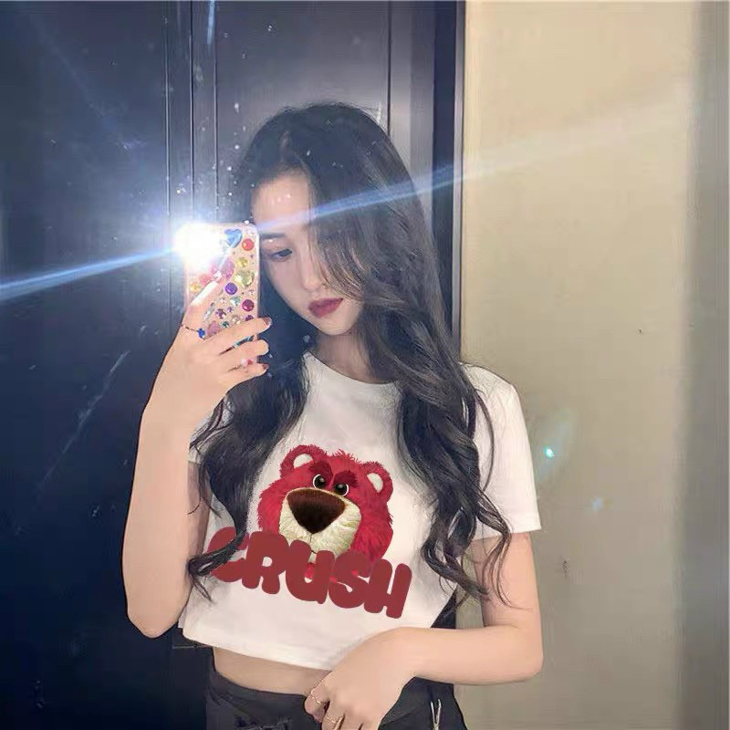 Áo Croptop Tay Ngắn In Hình Gấu Dâu Chất Thun Lụa Co Giãn