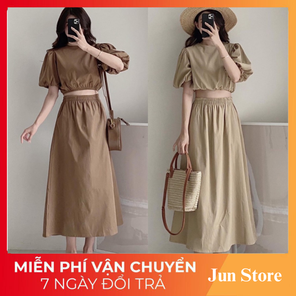 Set áo croptop bo chun eo tay bồng mix chân váy midi dáng dài Jun Store 3361