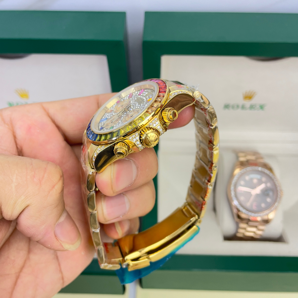 Đồng hồ Nam Rolex mặt đá vỏ đá màu 6kim  máy nhật dòng cơ Automatic size 41mm số gạch màu