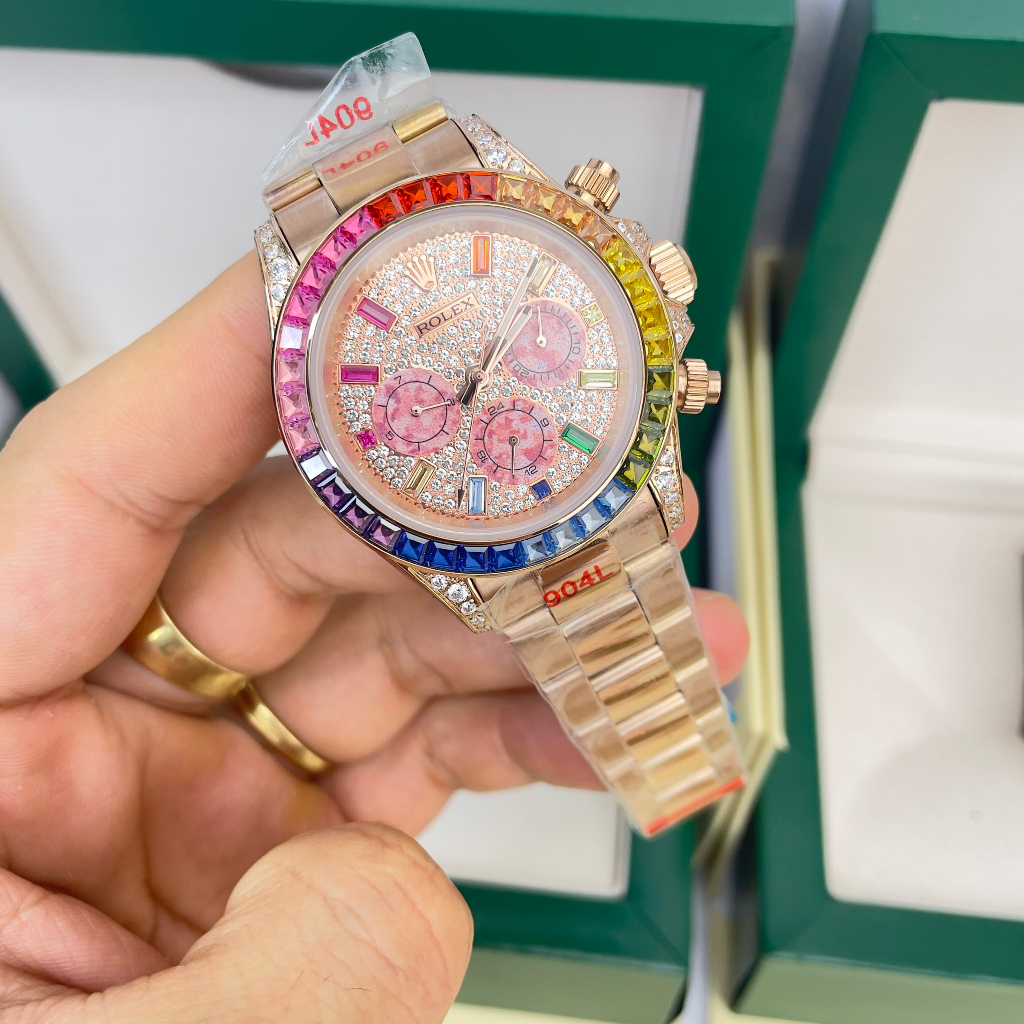 Đồng hồ Nam Rolex mặt đá vỏ đá màu 6kim  máy nhật dòng cơ Automatic size 41mm số gạch màu