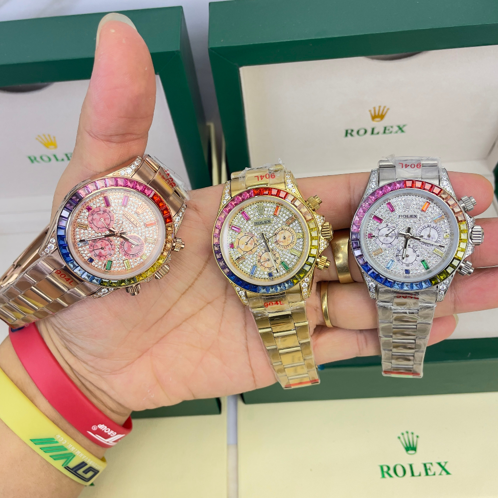 Đồng hồ Nam Rolex mặt đá vỏ đá màu 6kim  máy nhật dòng cơ Automatic size 41mm số gạch màu