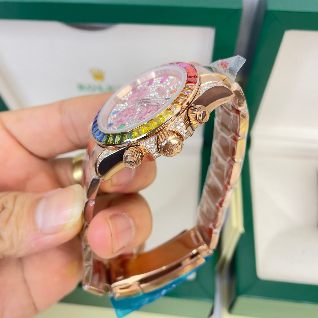 Đồng hồ Nam Rolex mặt đá vỏ đá màu 6kim  máy nhật dòng cơ Automatic size 41mm số gạch màu