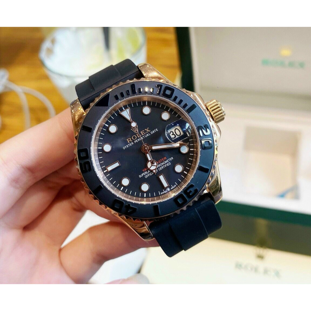 Đồng hồ Nam Rolex tọa độ dây cao su máy nhật dòng cơ Automatic size 40mm đen vỏ vàng hồng