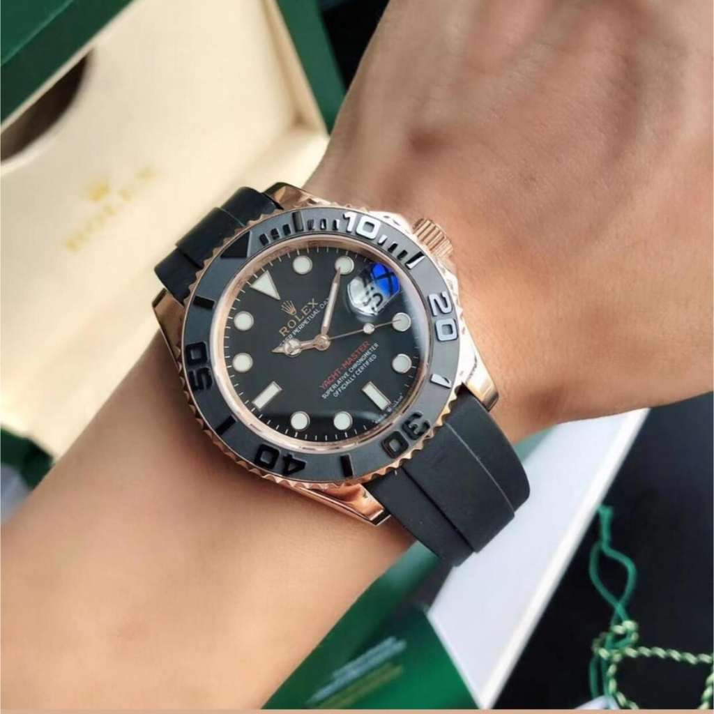 Đồng hồ Nam Rolex tọa độ dây cao su máy nhật dòng cơ Automatic size 40mm đen vỏ vàng hồng