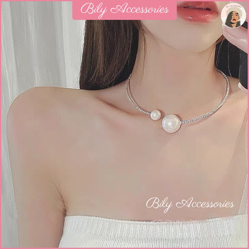 BILY - Vòng cổ kiềng đính đá co dãn phối ngọc cổ điển nữ tính tiểu thư đơn giản lấp lánh đi tiệc cực sang trọng