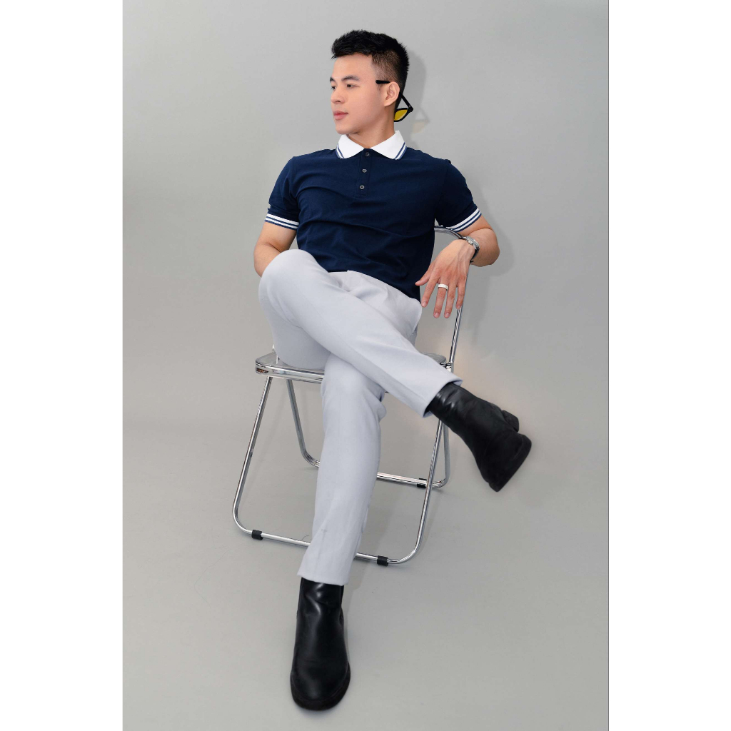 Áo Polo nam phối cơ bản 100% cotton màu xanh đen phối cổ trắng, chuẩn form, thoải mái