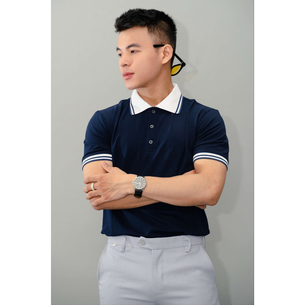 Áo Polo nam phối cơ bản 100% cotton màu xanh đen phối cổ trắng, chuẩn form, thoải mái