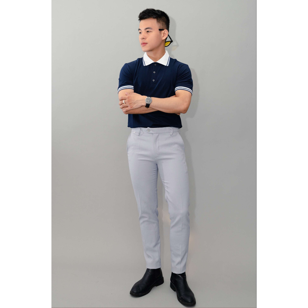 Áo Polo nam phối cơ bản 100% cotton màu xanh đen phối cổ trắng, chuẩn form, thoải mái