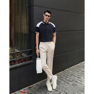  Áo Polo nam cổ bẻ Raglan Xanh đen- trắng vải CVC, thoải mái, chuẩn form, thanh lịch