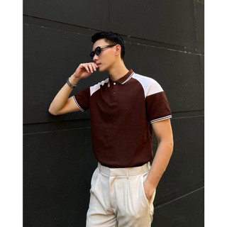 Áo Polo nam cổ bẻ Raglan Nâu - Trắng vải CVC, nam tính, chuẩn form, thanh lịch, thoáng mát