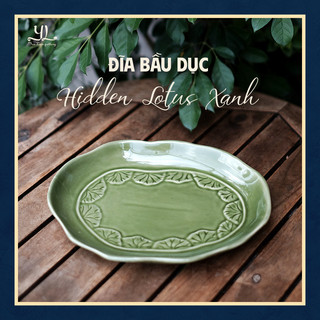 Đĩa bầu dục "hidden lotus xanh" | yên lam gốm | chén bát | gốm sứ | nội thất | gia dụng