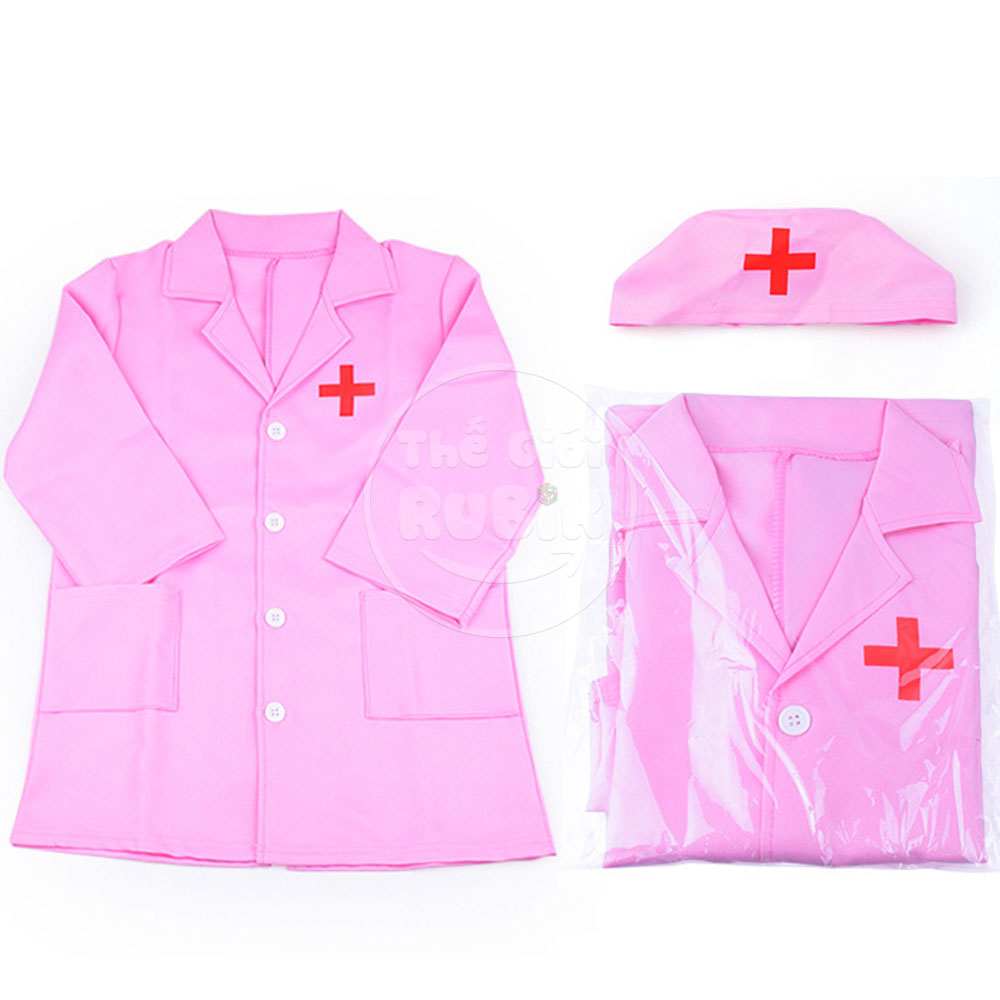 Áo Bác Sĩ Y Tá Có Mũ Nón + Tai Nghe, Ống Nghe Cho Bé Gái Màu Hồng [4-6Tuổi].  Pink Doctor Shirt, Baby Doctor Shirt