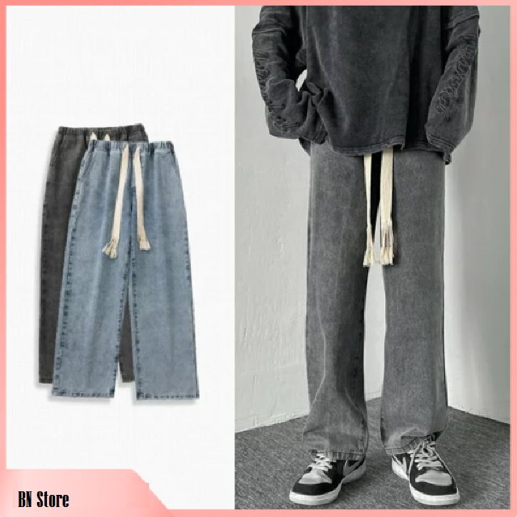 Quần baggy jean nam lưng thun phối dây bảng to - Quần bò nam ống suông rộng cạp chun mẫu mới