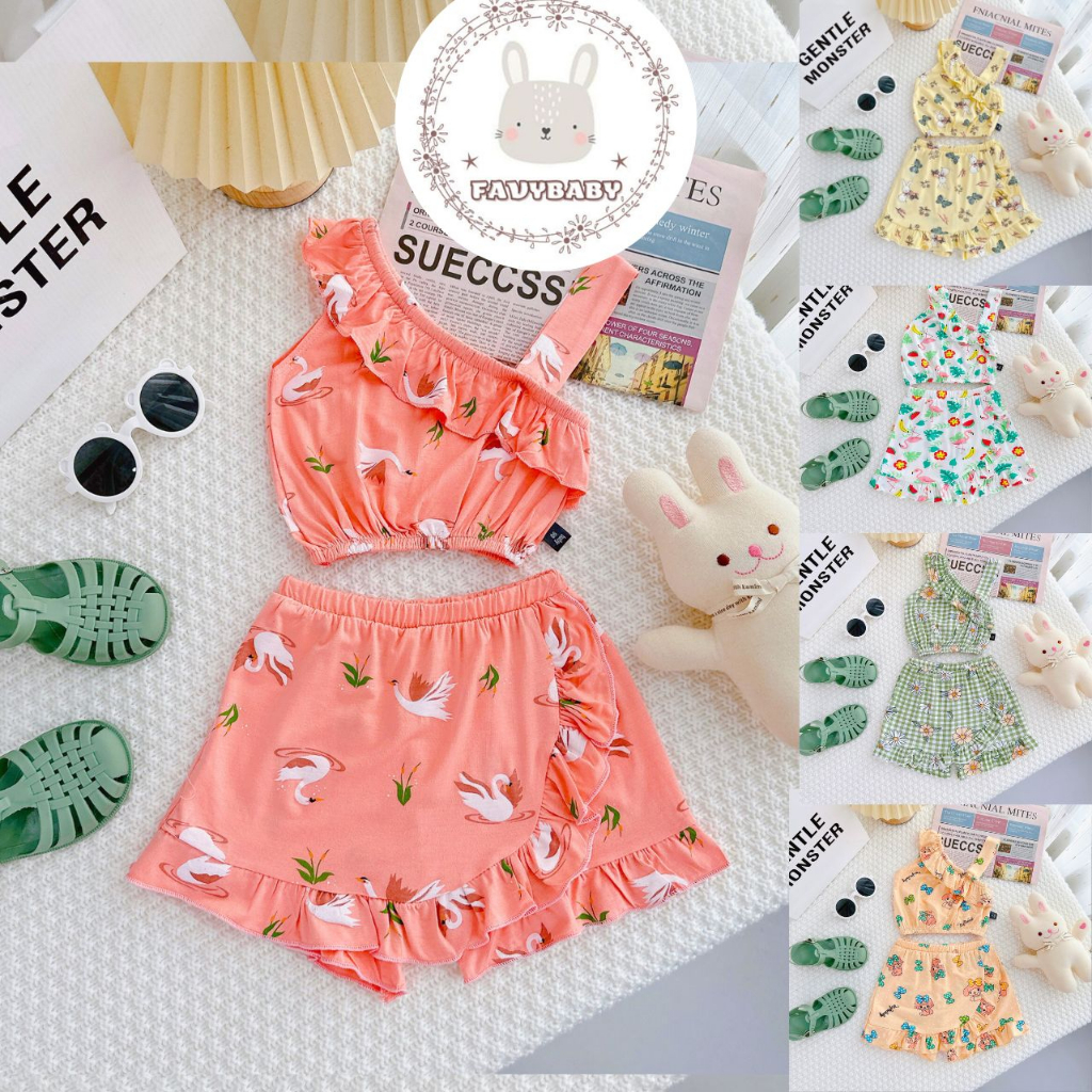 Bộ Croptop Bèo Vải Thun Lạnh MINKY MOM Chính Hãng Quần Giả Váy Hoa Văn Toàn Thân Cute Bé Gái 0 1 2 3 4 5 Tuổi - Favybaby