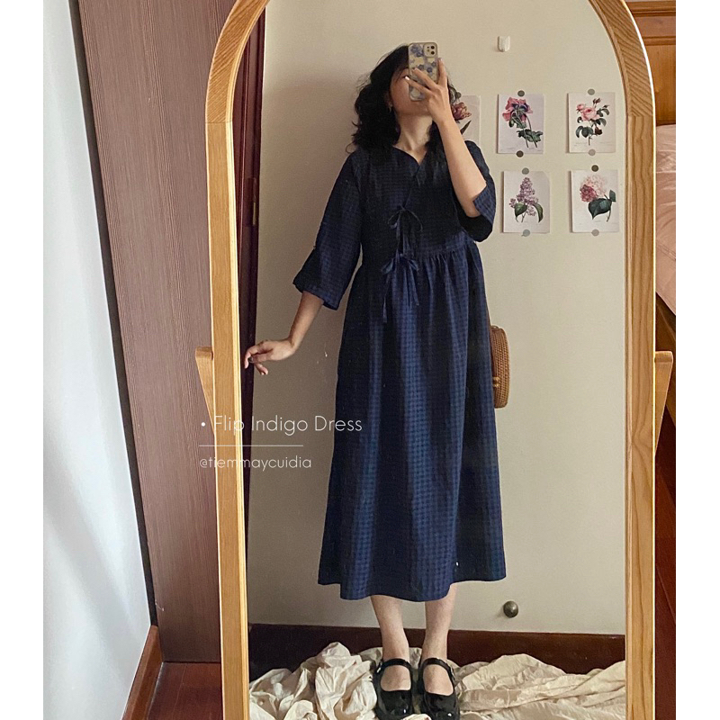 Đầm váy caro xanh navy dáng dài babydoll mặc hai mặt đáng yêu không nhăn tôn da mát mẻ (ảnh thật tự chụp)