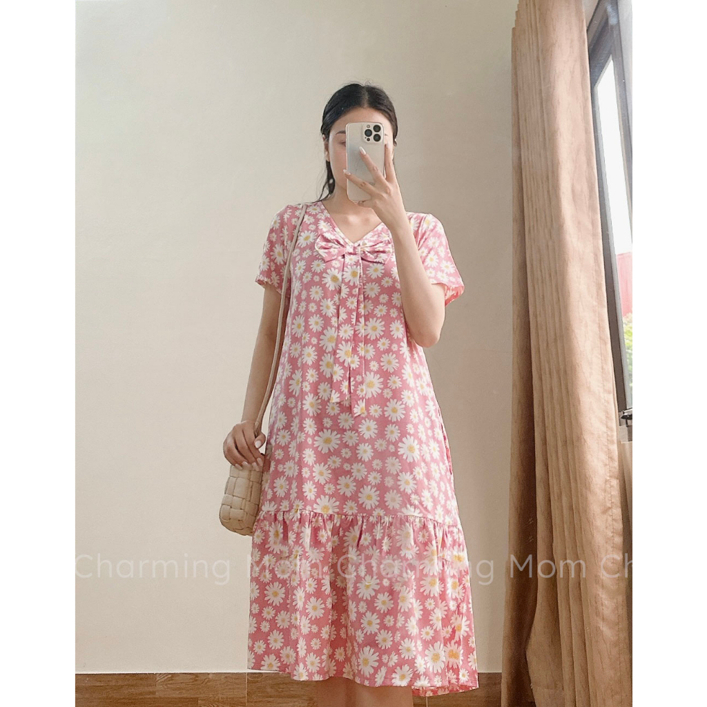 Đầm Bầu Hè Họa Tiết Hoa Nhí Thiết Kế Dáng Suông Đẹp Phong Cách Hàn Quốc Chất Liệu Lụa Đũi Mềm Mát Fullsize 40-87kg