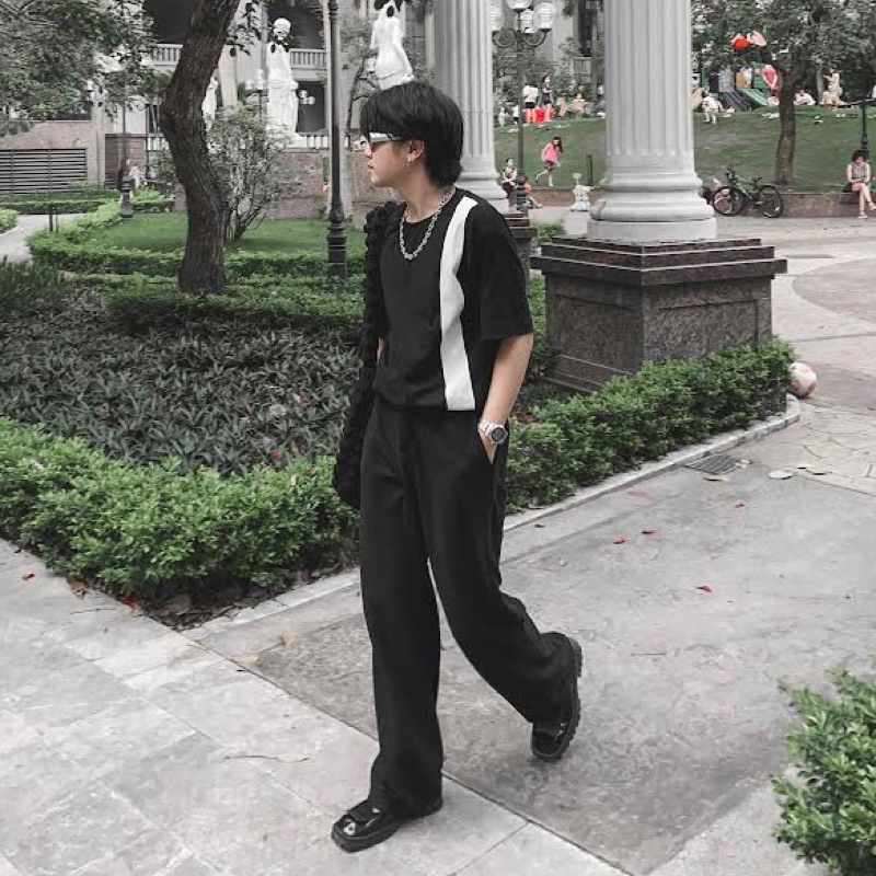 Áo thun tay lỡ form rộng kẻ sọc vai - phông nam nữ cotton oversize Jiang Store