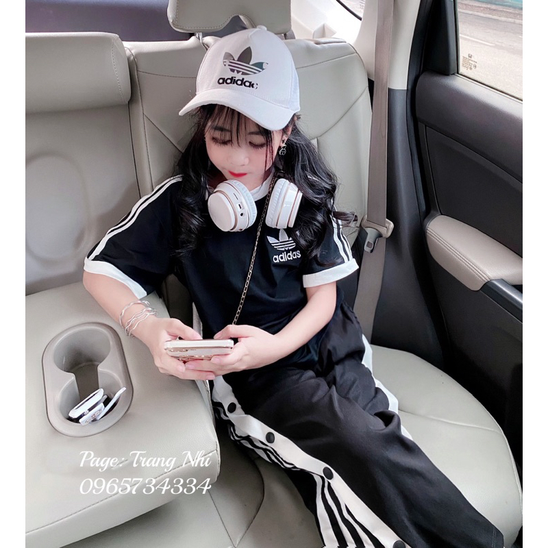 Bộ Nữ Áo Phông Logo Tay Sọc Mix QUần Suông Cúc Bấm 2 Sọc  cho Bé size đại 17kg -42kg