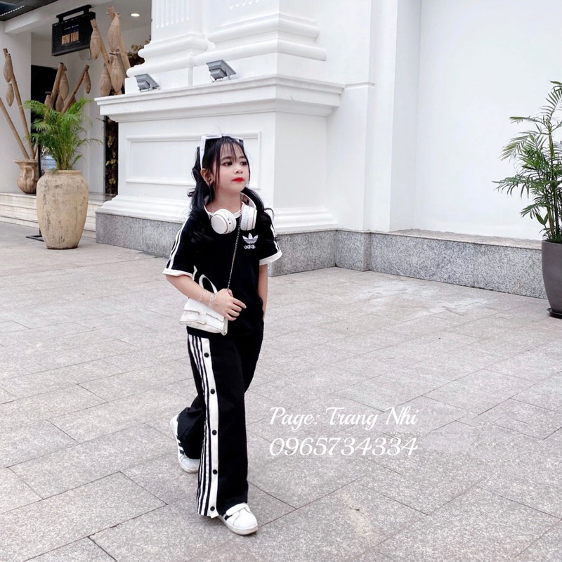 Bộ Nữ Áo Phông Logo Tay Sọc Mix QUần Suông Cúc Bấm 2 Sọc  cho Bé size đại 17kg -42kg