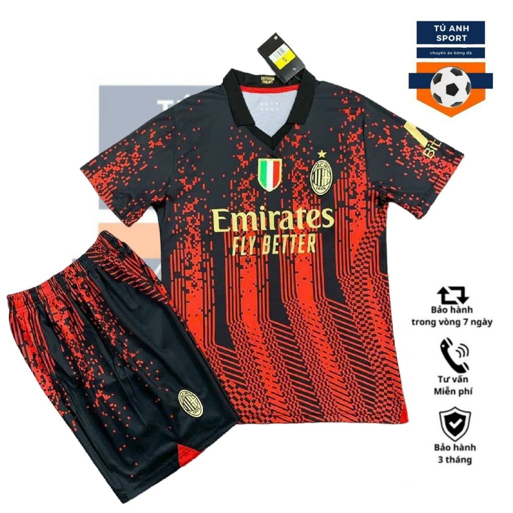 Bộ quần áo đá bóng CLB AC Milan, Áo đá banh ACM sân khách đen đỏ hàng fex thái cao cấp