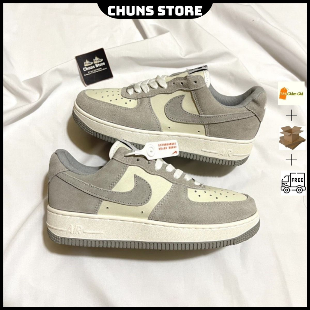 giày AF1 xám kem nỉ da lộn cao cấp, giày air force 1 xám mũi be