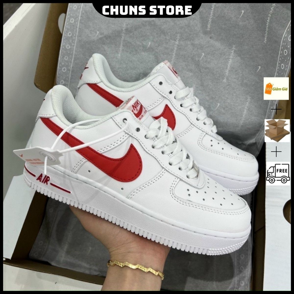 Giày AF1 trắng móc đỏ 11 thể thao cao cấp, giày air force one trắng kẻ đỏ full box bảo vệ
