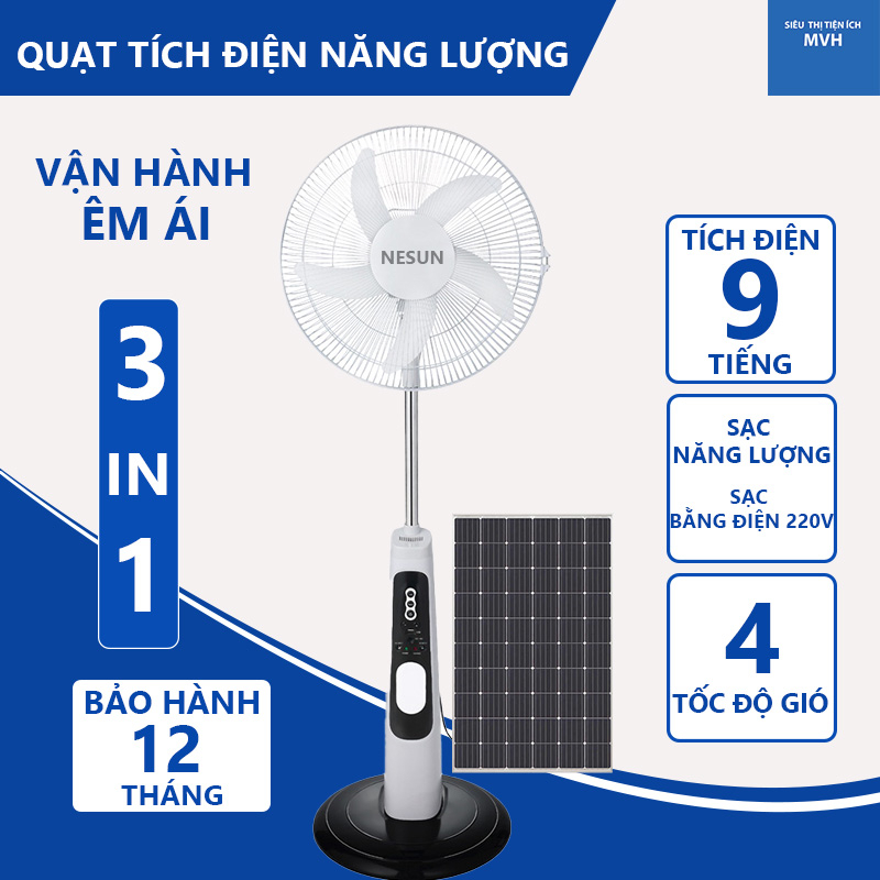 Quạt tích điện năng lượng mặt trời Nesun, tích điện 12 tiếng , tiết kiệm điện năng