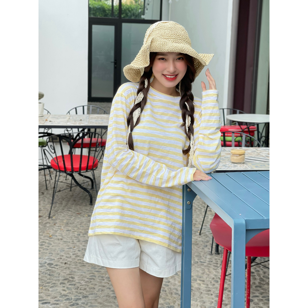Áo thun xược tay dài kẻ sọc  ALICEVN1990, Áo thun cổ tròn chất xược cotton cực mát, thun giấy