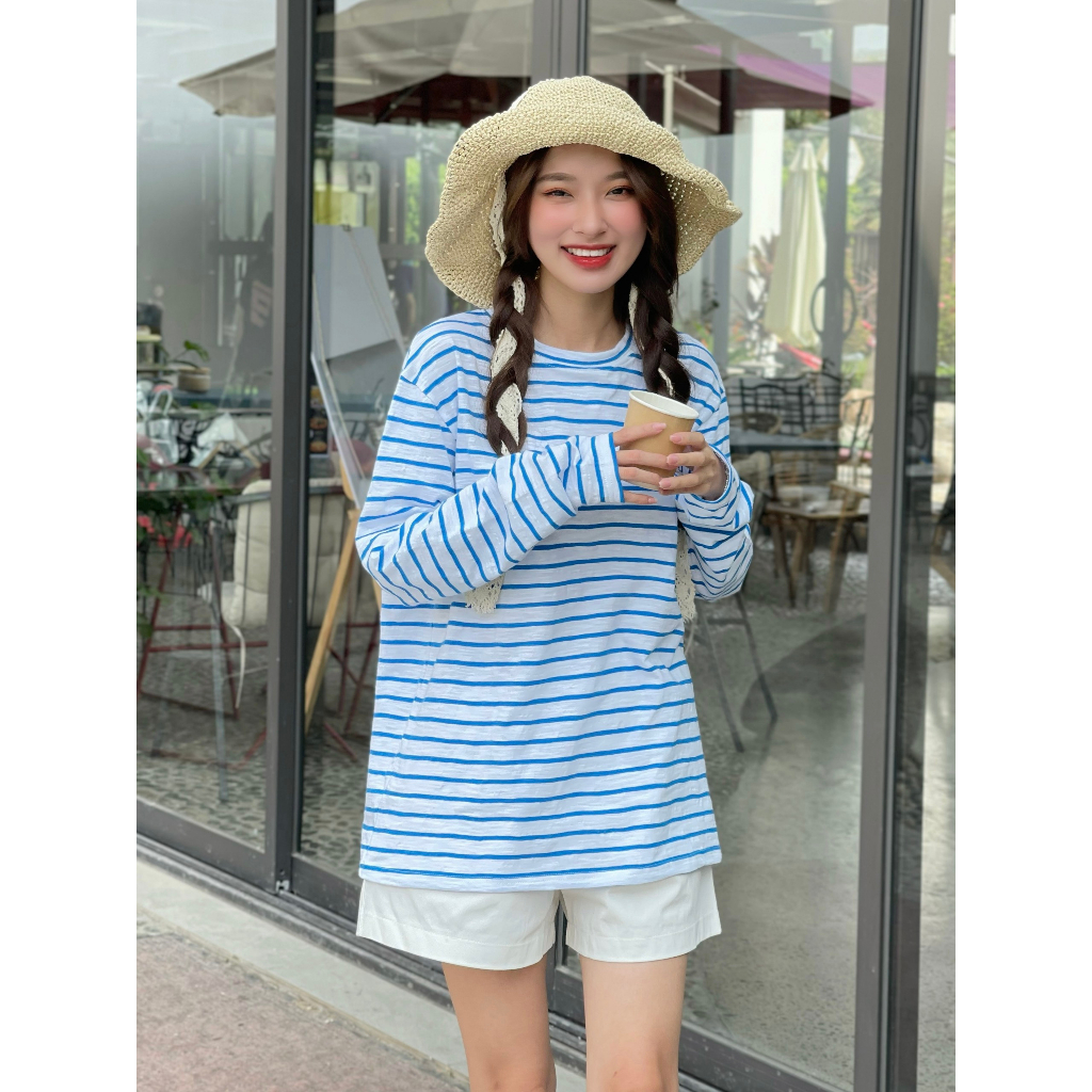 Áo thun xược tay dài kẻ sọc  ALICEVN1990, Áo thun cổ tròn chất xược cotton cực mát, thun giấy