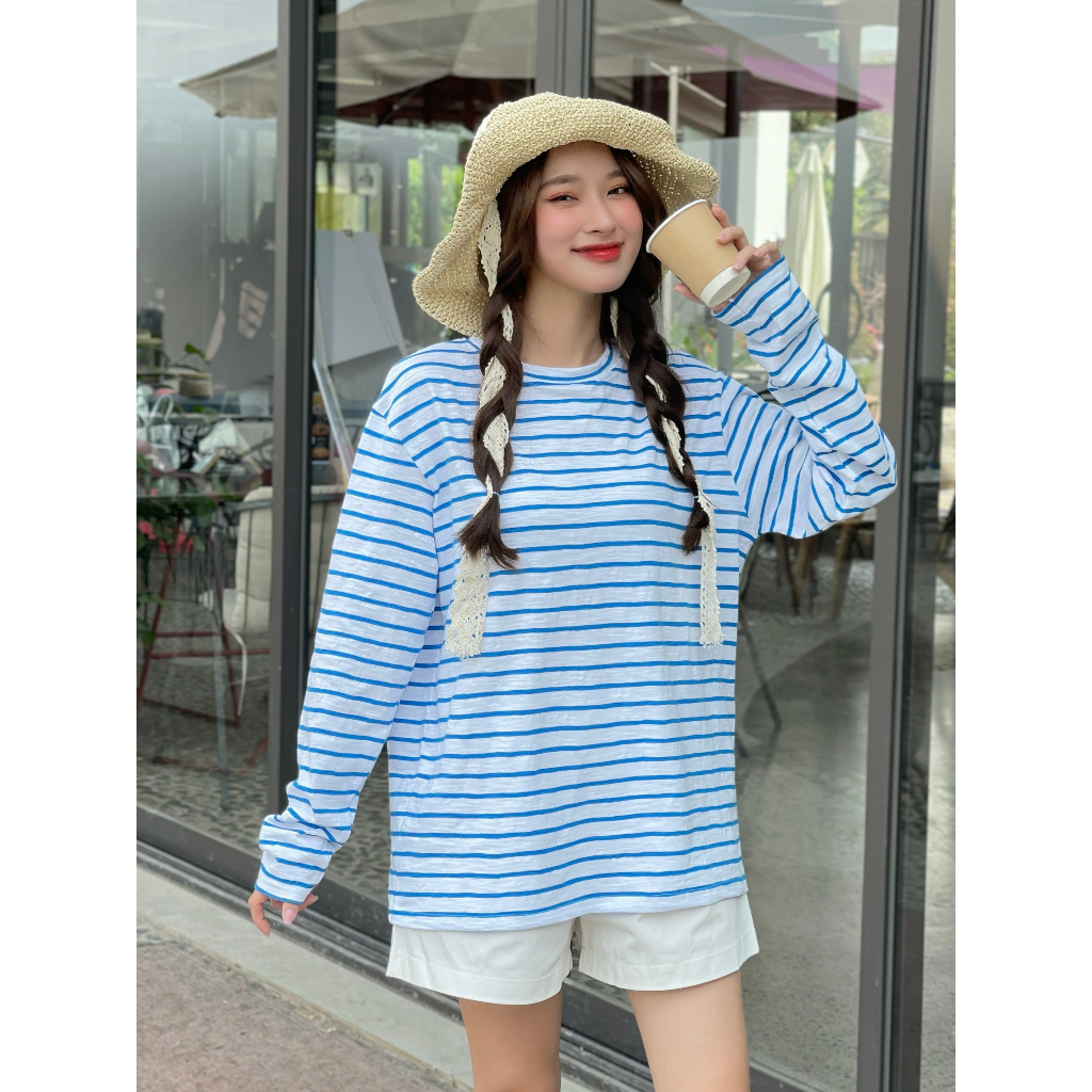 Áo thun xược tay dài kẻ sọc  ALICEVN1990, Áo thun cổ tròn chất xược cotton cực mát, thun giấy