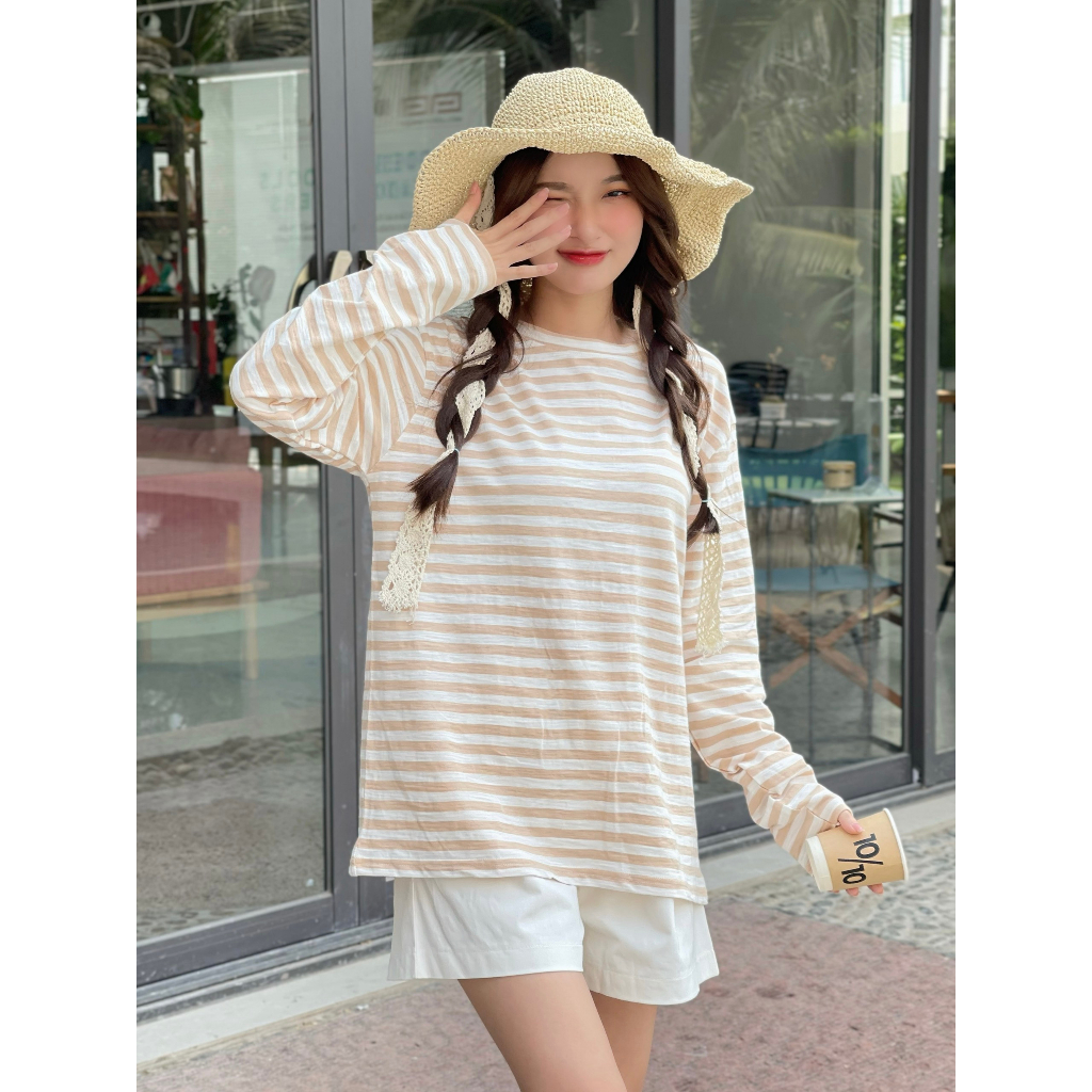 Áo thun xược tay dài kẻ sọc  ALICEVN1990, Áo thun cổ tròn chất xược cotton cực mát, thun giấy