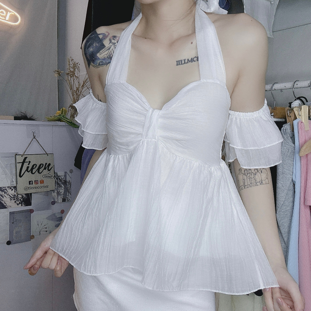 Áo baby doll trễ vai dây buộc cổ nơ ngực form áo xòe tieencorner 332