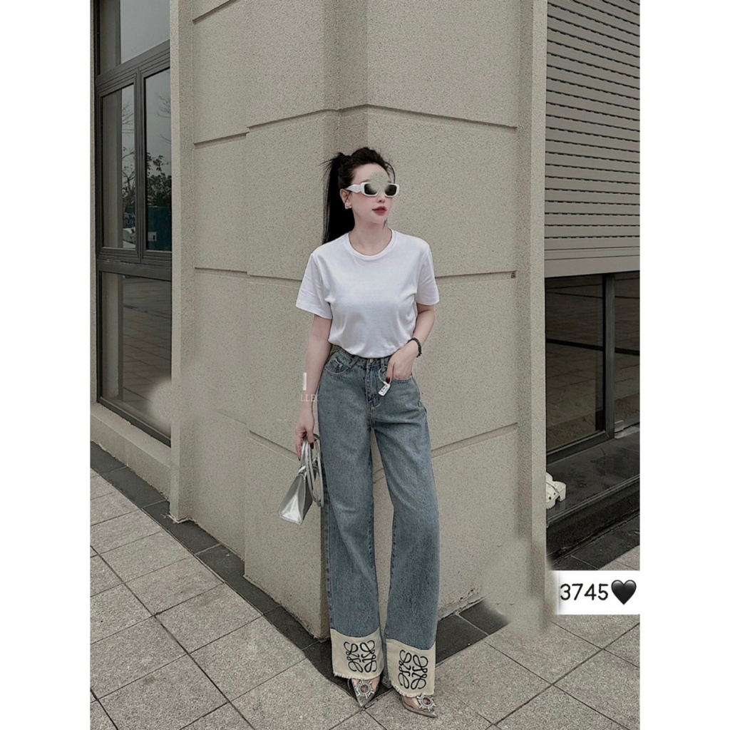 [ORDM3745] QUẦN JEANS ỐNG RỘNG NỮ LƯNG CAO GẬP GẤU CHỮ ĐEN MÀU XANH NHẠT SIÊU THỜI THƯỢNG CỰC HOT HIT NITI