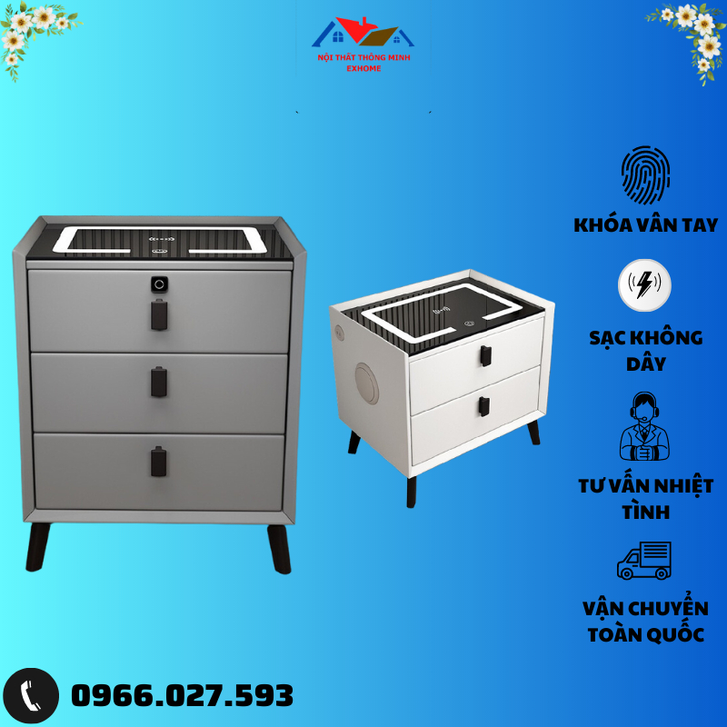 Tủ Đầu Giường Tap Đầu Giường 2-3 Ngăn Thông Minh, Sạc Điện Thoại Không Dây, Đèn Led 3 màu, Loa bluetooth , Cổng usb