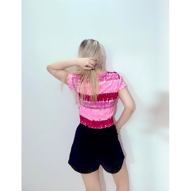 Áo thun tay ngắn form croptop màu loang hồng chất po gân vnxk