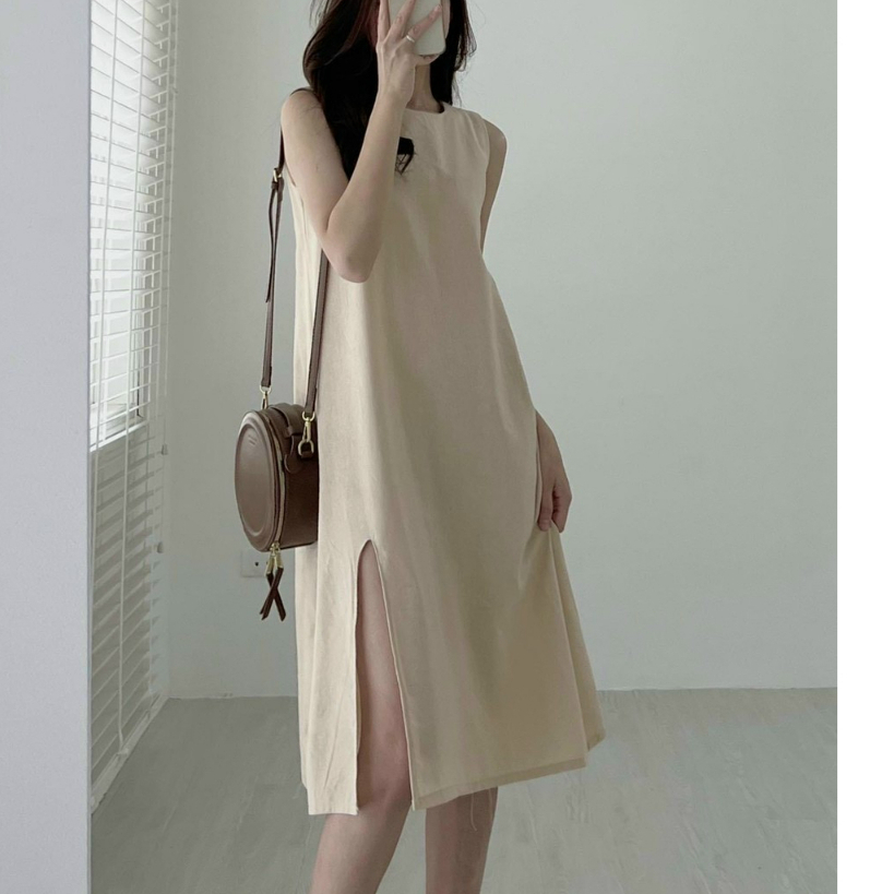 Váy suông vải đũi thoáng mái thiết kế xẻ tà hiện đại cá tính