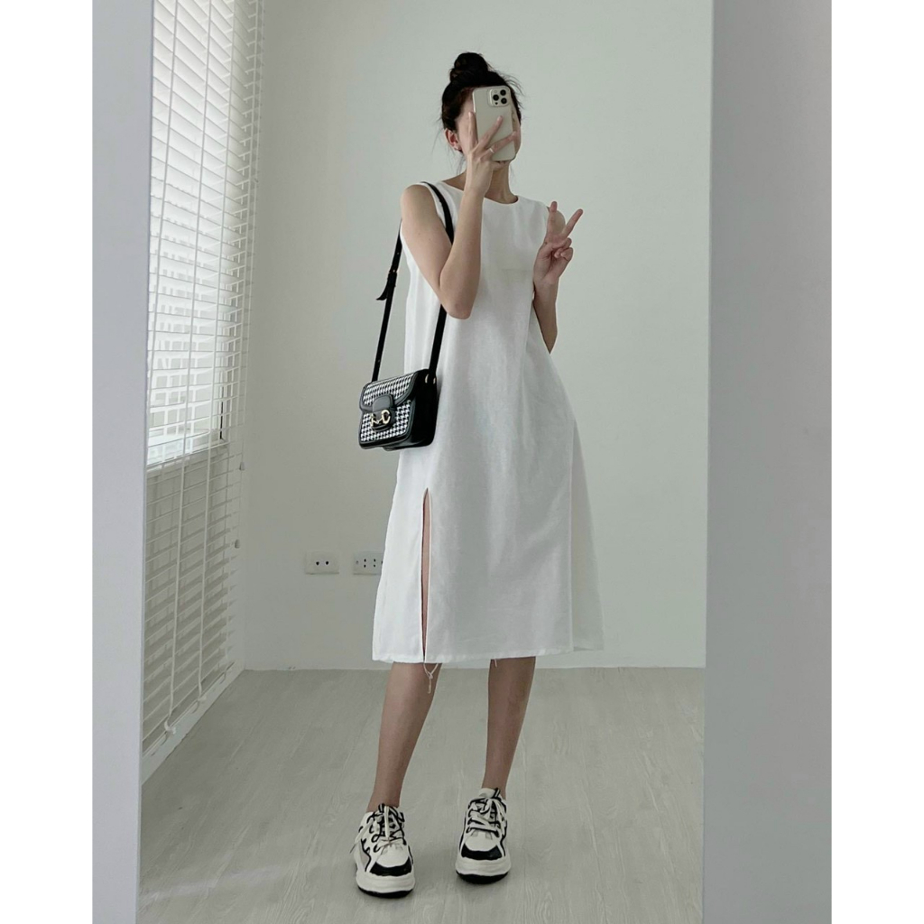 Váy suông vải đũi thoáng mái thiết kế xẻ tà hiện đại cá tính