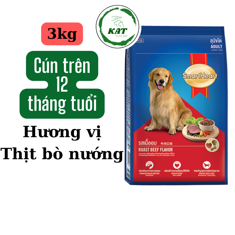 Thức ăn cho chó lớn, chó trưởng thành SMARTHEART ADULT vị thịt bò nướng - Gói 3kg - KAT Store