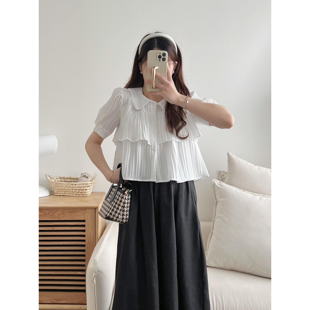 Áo sơ mi cổ sen 2 tầng dáng xòe ngắn tay bồng màu ngọt